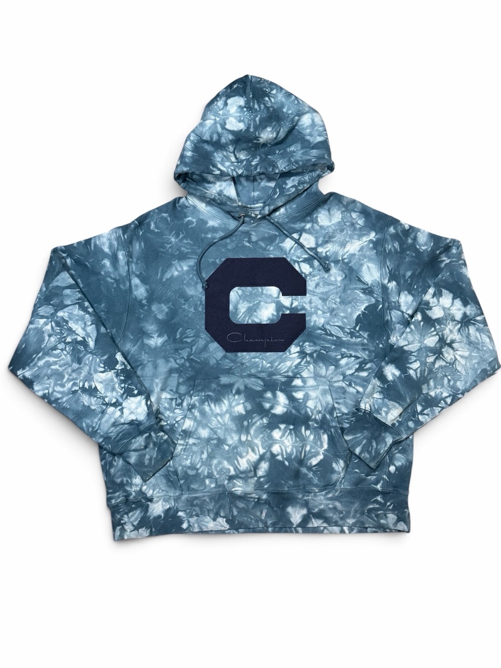 Champion Reverse Weave Blue Tie-Dye Pullover Hoodie with Navy C Logo Men XL
